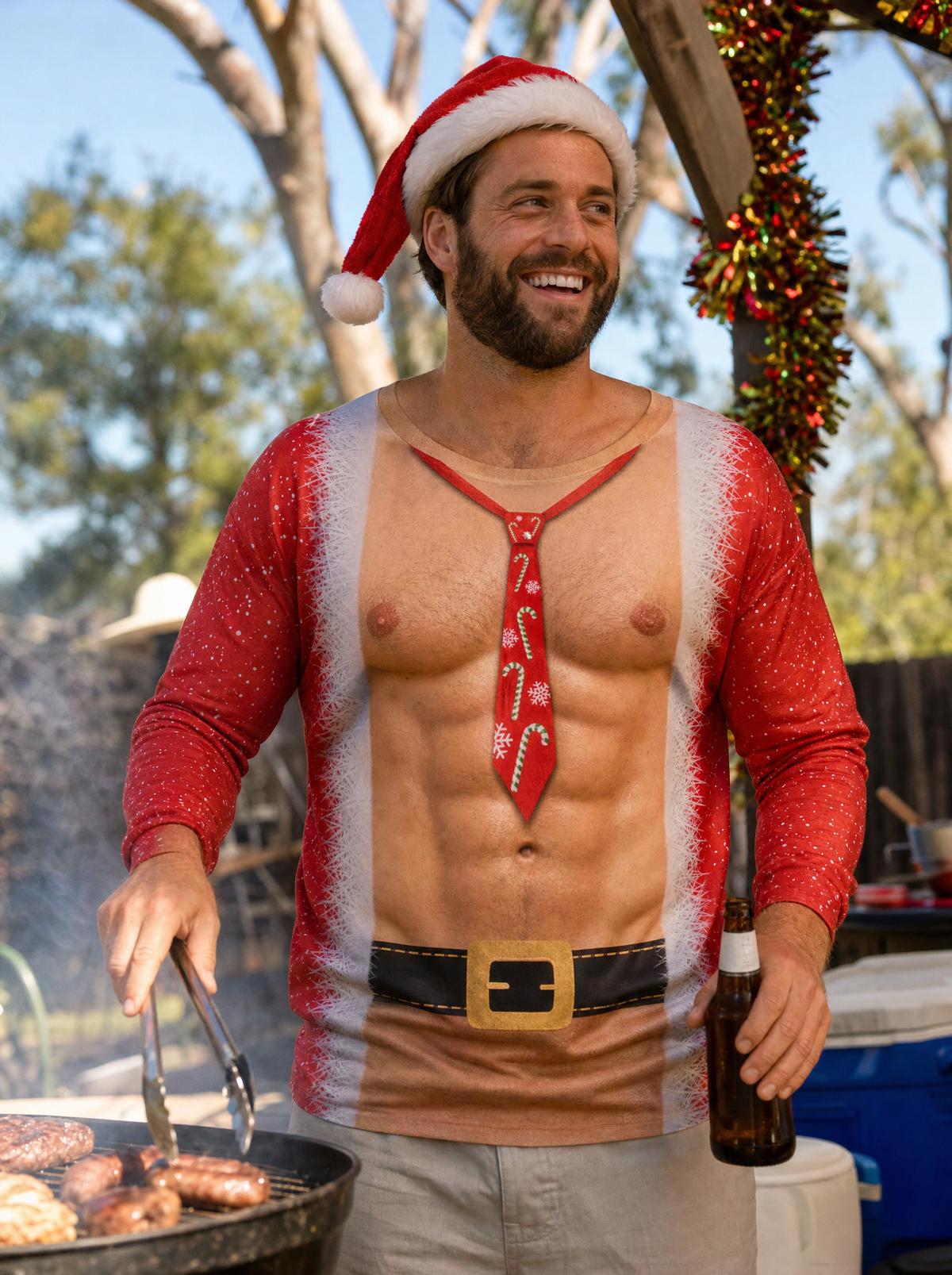 Santa Six-Pack Sweatshirt worn at a backyard Christmas barbecue