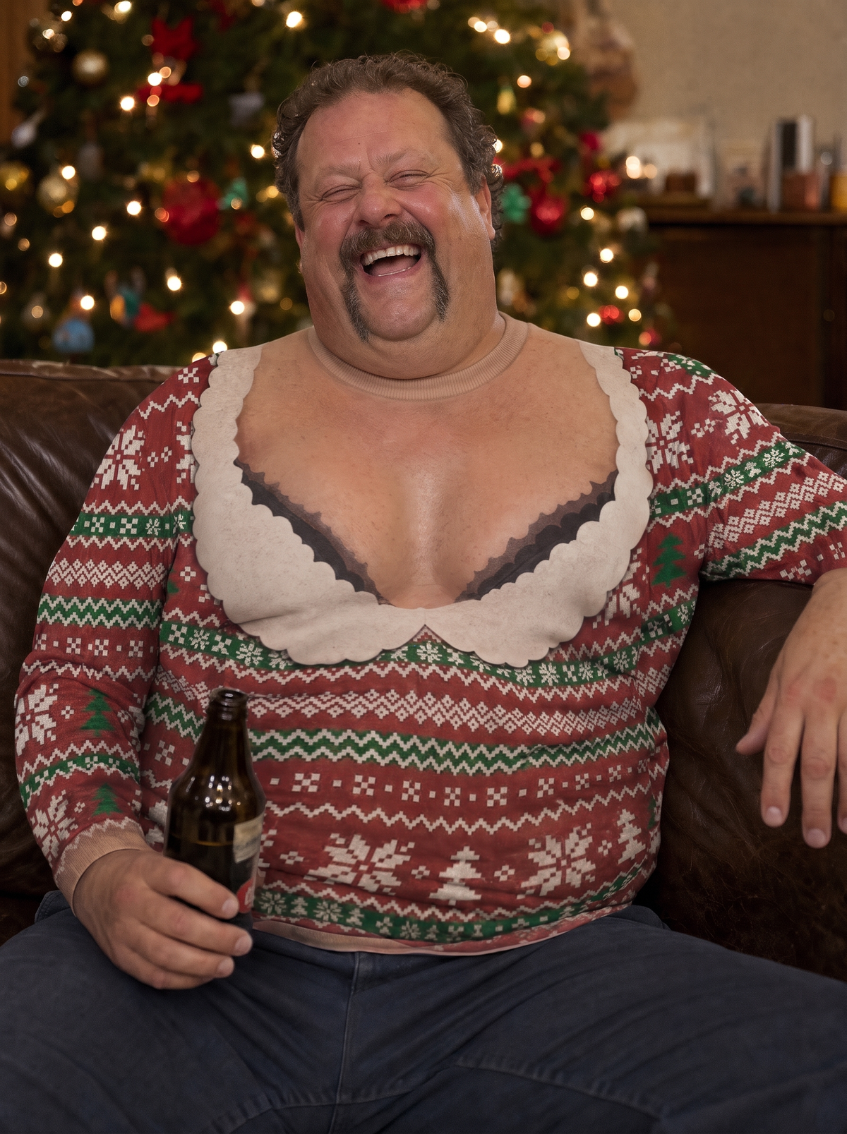 Ugly Jumper Cleavage Sweatshirt worn on the couch by the Christmas tree