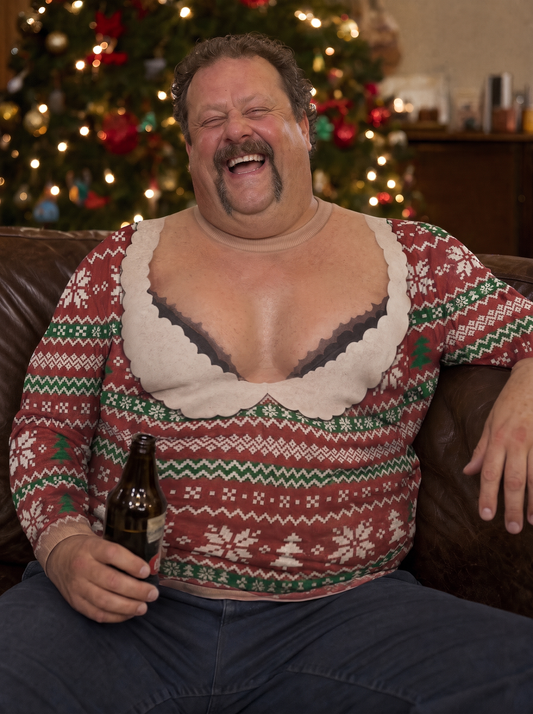 Ugly Jumper Cleavage Sweatshirt worn on the couch by the Christmas tree