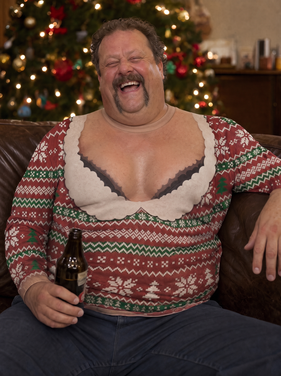 Ugly Jumper Cleavage Sweatshirt worn on the couch by the Christmas tree